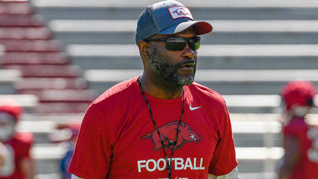 Arkansas Razorbacks co-defensive coordinator Travis Williams at spring practice No. 11 inside Razorback Stadium in Fayetteville.